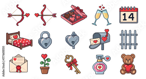 Retro pixel art valentine's day icons with hearts, gifts, and romantic elements