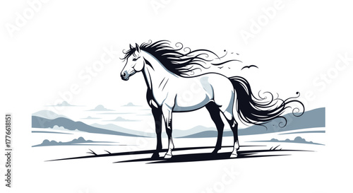 A majestic white horse with a flowing black mane and tail stands gracefully in a stylized landscape with rolling hills.