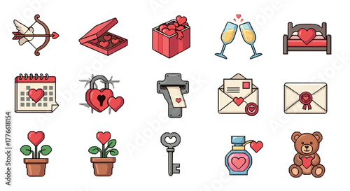 Romantic pixel art icons cupid, gifts, love letters, and hearts