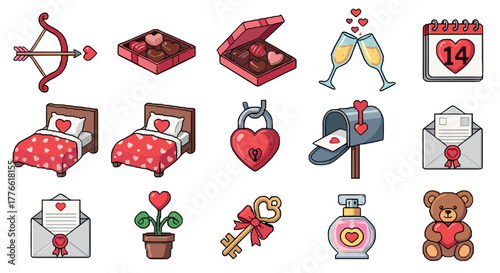 Romantic icons collection heart, gifts, and love elements for valentine's day