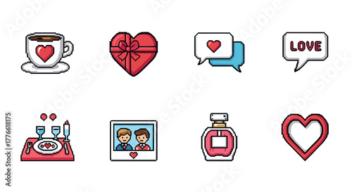 Pixel art love icons romantic symbols with heart, gifts, and messages