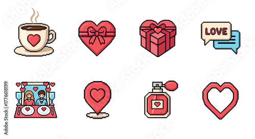 Pixel art valentine icons coffee, gifts, heart, love messages, wedding, location, perfume in retro style