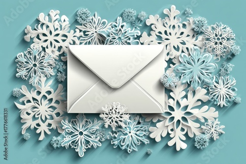 A white envelope sits amid various snowflakes on a soft blue background, creating a winter wonderland vibe