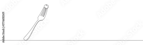 A continuous line drawing of a fork with a single olive impaled on one of its tines, presented in a minimalist style on a white background.