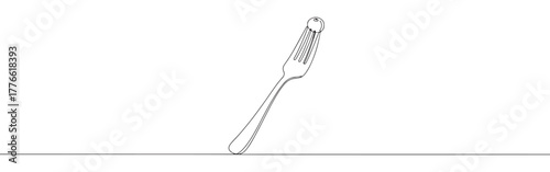 A continuous line drawing of a fork with a single olive impaled on one of its tines, presented in a minimalist style on a white background.