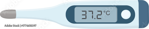 Illustration of digital thermometer with LCD display. Medical device in light blue and deep blue tones isolated on white	