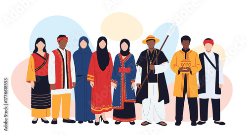 A diverse group of men and women representing various cultures, dressed in traditional costumes and standing together.