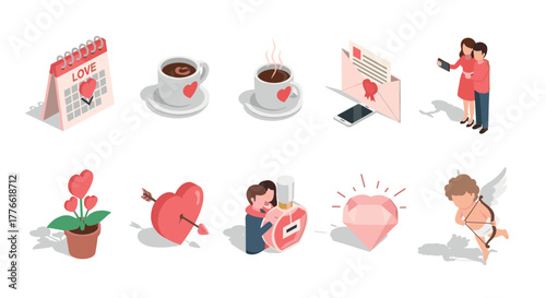 Charming love elements in isometric design romantic symbols for valentine's day