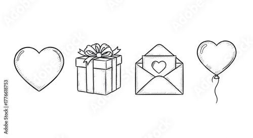Hand drawn love icons heart, gift, and envelope sketches with balloon