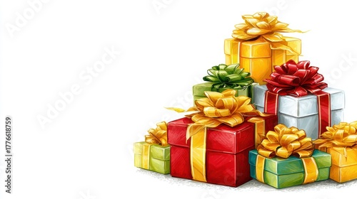 Brightly wrapped gift boxes of various colors are stacked together, ready for a festive occasion or celebration