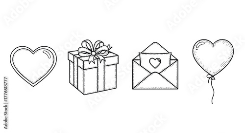 Handdrawn romantic icons heart, gift box, envelope, and balloon for love themes