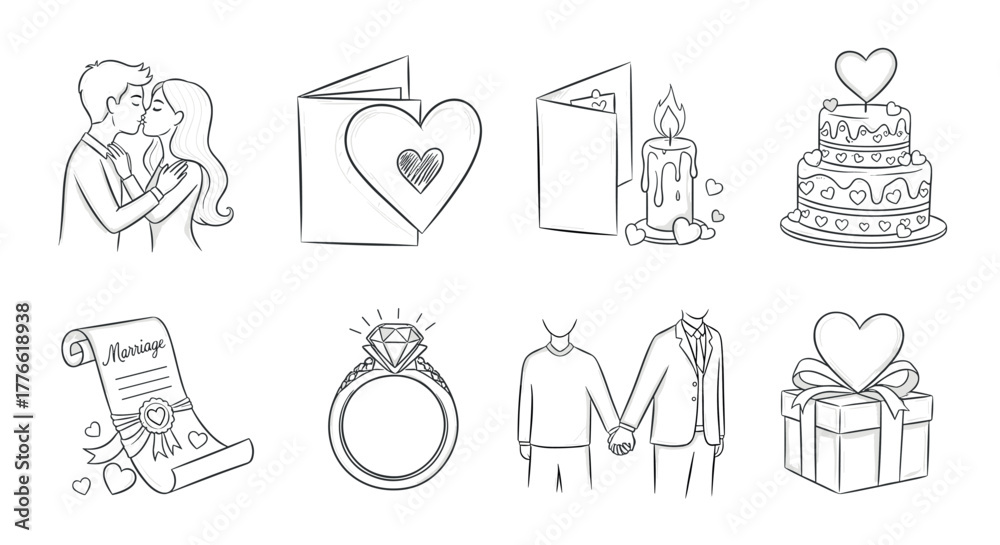 Fototapeta premium Romantic wedding and valentine's day elements in romantic linear style