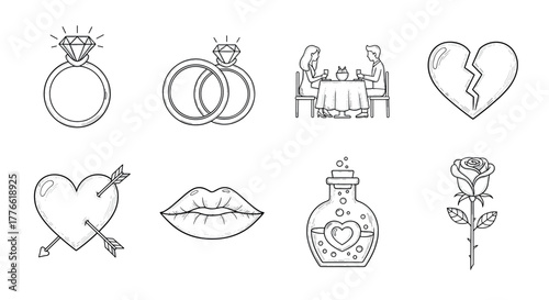 Romance and love symbols collection in handdrawn style