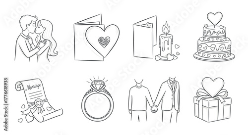 Romantic wedding and valentine's day elements in romantic linear style