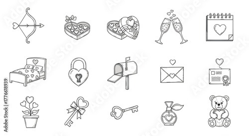 Charming romantic doodles featuring hearts, gifts, and love symbols