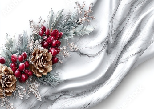 Beautiful floral design features red berries and pinecones on elegant white fabric, perfect for seasonal decor