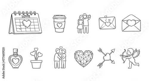 Romantic doodle icons for valentine's day with hand drawn love symbols