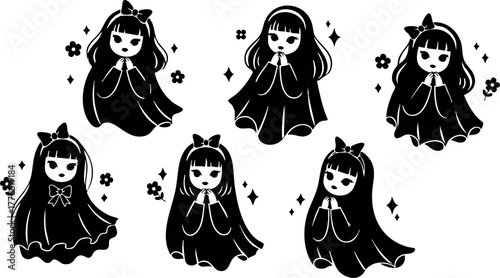 Cute little girls in black cloaks with bows and flowers charming magical vector illustrations for children and fantasy design