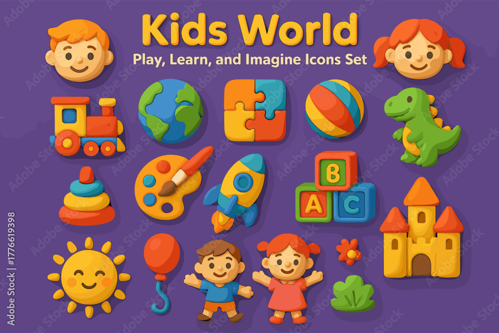 Fototapeta premium Kids World Icons Set – Play, Learn, and Imagine in Colorful 3D Style