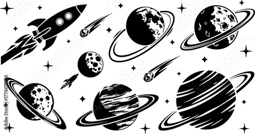 Space-themed vector set of planets moons rockets comets and stars in black and white style for design and decoration