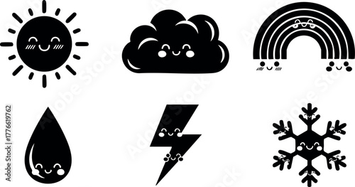 Cute weather icons with smiling sun cloud rainbow raindrop lightning and snowflake vector set