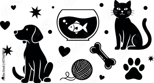 Cat dog fish bowl bone yarn paw hearts stars pet love icons vector illustration