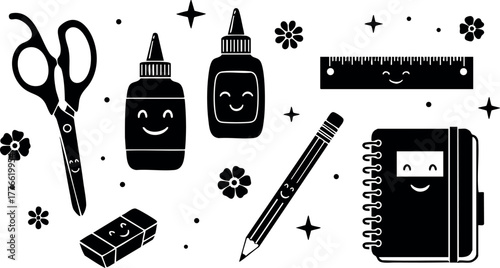 Vector set of smiling school supplies with scissors glue ruler notebook pencil and eraser cheerful design for education and creativity