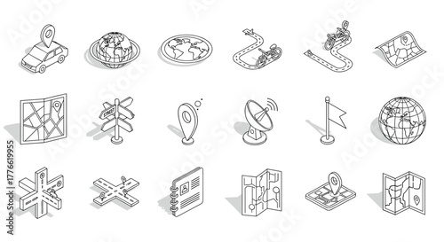 Isometric navigation icons featuring maps, globes, and location markers