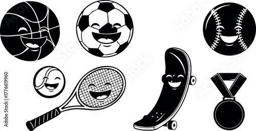 Sports equipment collection with basketball soccer baseball tennis skateboard and medal icons vector design