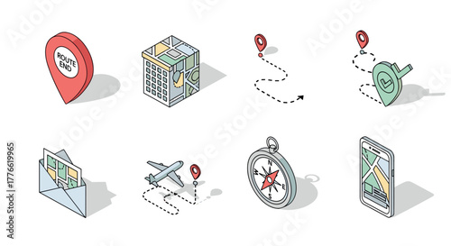 Isometric navigation elements gps icons with 3d maps, compass, and routes