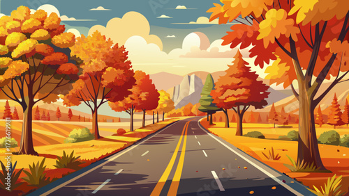 Very beautiful autumn scene of a country road lined with trees displaying vibrant fall colors, creating a peaceful and picturesque rural landscape on a crisp, sunny day.