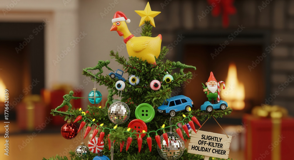 Naklejka premium Funny Christmas tree decorated with quirky ornaments including a rubber chicken, toy cars, buttons