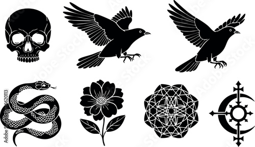 Set of vector black gothic skull bird snake flower and ornamental symbols design elements for tattoo or decoration