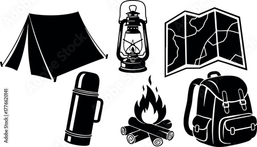 Camping equipment vector set with tent, lantern, map, backpack, thermos, and campfire icons for outdoor adventure design