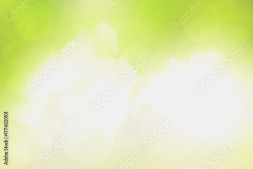 Abstract blurred fresh vivid spring summer light delicate pastel yellow green white bokeh background texture with bright circular soft color lights. Beautiful backdrop illustration.