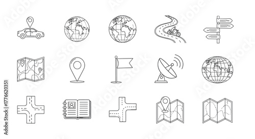 Linear world map and navigation icons set for global travel and direction