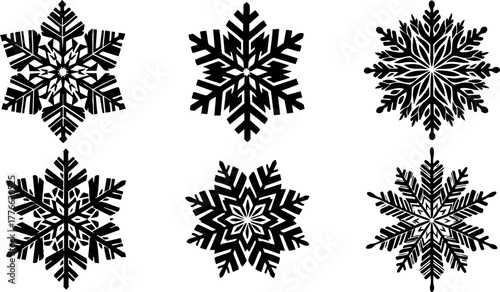 Snowflake set with six unique black winter snow crystal designs for seasonal decoration and holiday vector art