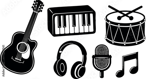 Music instruments collection with guitar keyboard drum headphones microphone and musical note vector icons set