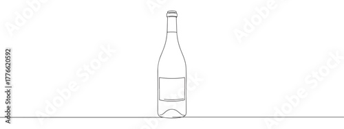 A continuous line drawing of a wine bottle with a blank label, highlighting its classic shape in a minimalist style against a white background.
