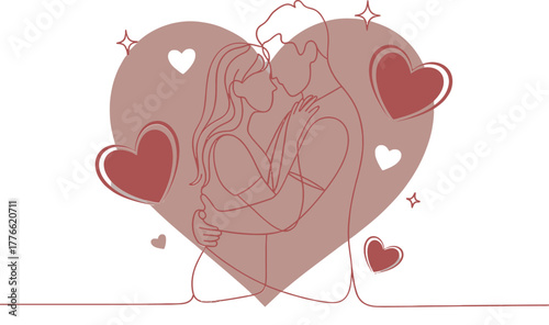 Elegant Couple Embracing Kissing Heart Shapes Vector Illustration