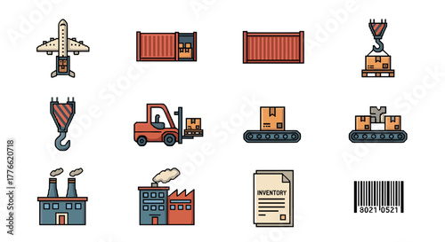 Colorful line icons logistics and shipping elements for inventory and warehousing