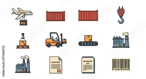 Industrial and logistics icons set featuring warehouse, air cargo, and inventory management