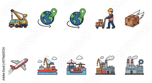 Logistics and global shipping icons depicting transportation and industry