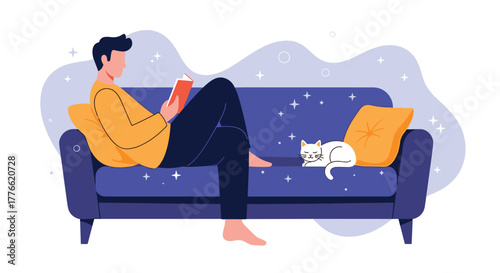 A man relaxes on a comfortable couch, engrossed in a book, while a white cat peacefully sleeps beside him, illustrating a cozy domestic scene.