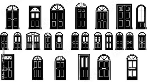 “A vector-style design reference sheet showcasing multiple door silhouettes arranged in a 3x5 layout. Each door is black with white accents, depicting different design eras — from rustic wooden styles
