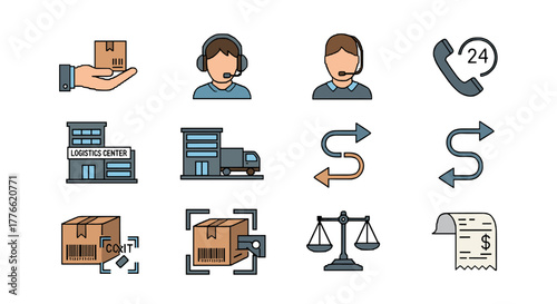 Flat style logistics and customer service icons with delivery and communication elements
