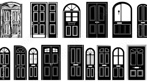 “A vector-style design reference sheet showcasing multiple door silhouettes arranged in a 3x5 layout. Each door is black with white accents, depicting different design eras — from rustic wooden styles