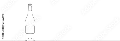 A continuous line drawing of a wine bottle with a blank label, highlighting its classic shape in a minimalist style against a white background.