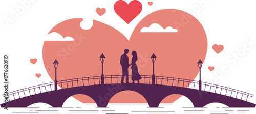 Elegant Couple Silhouette Holding Hands On Bridge Vector Illustration