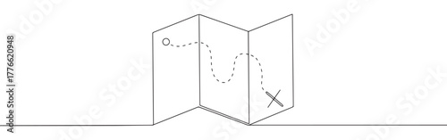 A continuous line drawing of a folded map showing a dotted path from a starting point to an 'X' marking a destination, symbolizing travel or navigation.